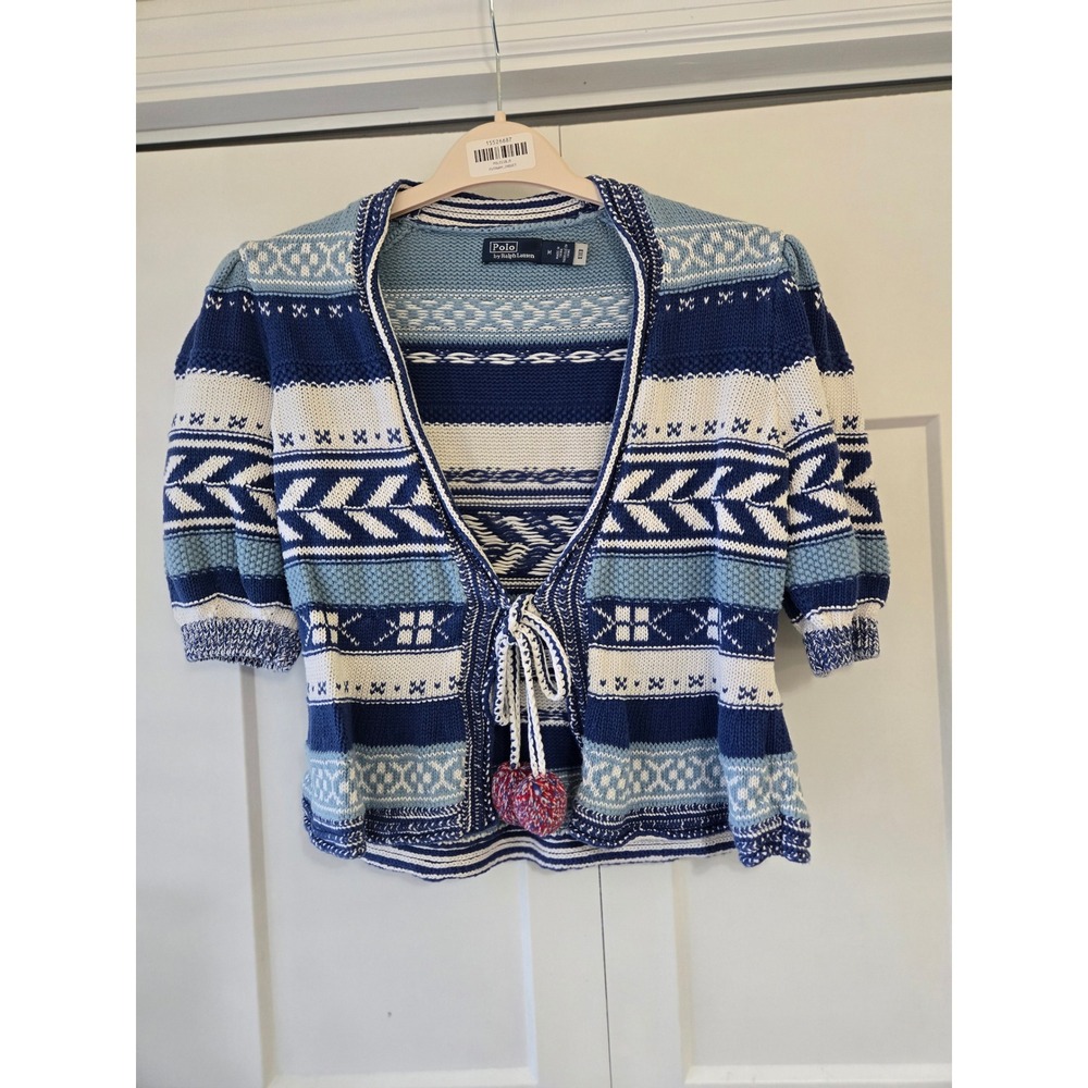 Polo Ralph Lauren Fair Isle Short Sleeve Tie Front Cardigan Blue White Medium